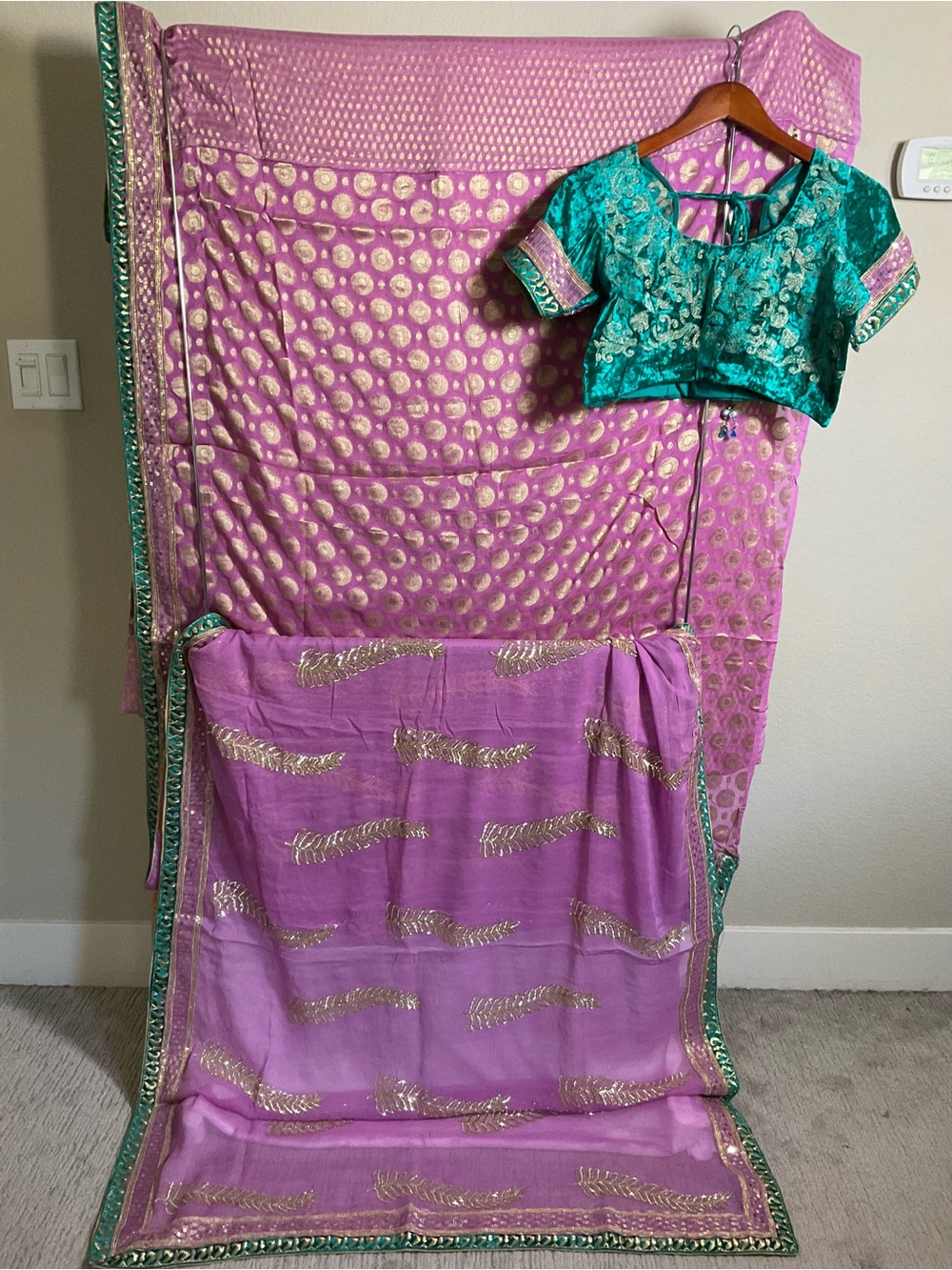 Elegant Pink and Teal Women’s Saree with Embroidered Velvet Blouse